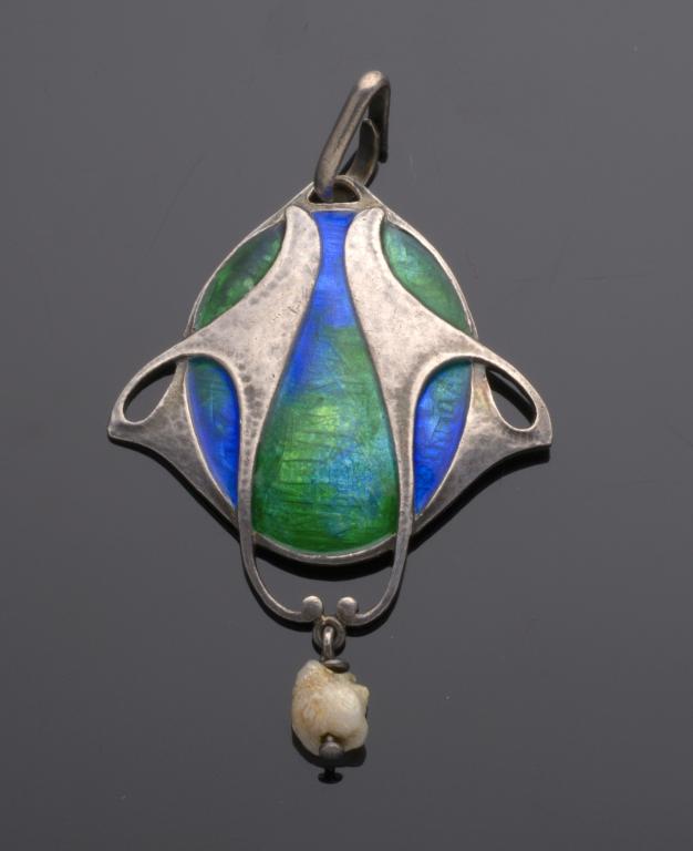 A GERMAN JUGENDSTIL SILVER AND TRANSLUCENT ENAMEL OPENWORK PENDANT RETAILED BY MURRLE, BENNETT & CO,