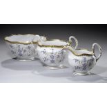 A FLIGHT, BARR AND BARR CREAM JUG, SUCRIER AND SLOP BASIN, C1820 painted in blue, puce and gilt with