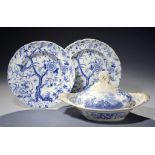 A BRAMELD BLUE PRINTED EARTHENWARE DON QUIXOTE PATTERN VEGETABLE DISH AND COVER AND A PAIR OF