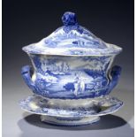 A BRAMELD BLUE PRINTED EARTHENWARE CASTLE OF ROCHEFORT PATTERN SOUP TUREEN, COVER AND STAND, C1820-