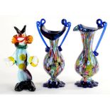 A MURANO GLASS CLOWN, 19CM H AND A CONTEMPORARY MOSAIC GLASS VASE AND EWER