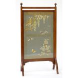 A VICTORIAN MAHOGANY FIRESCREEN, THE EMBROIDERED PANEL FEATURING BIRDS, INSECTS AND FLOWERS, 100 X