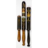 THREE 19TH C PAINTED BEECH TRUNCHEONS, INCLUDING DERBY BOROUGH CONSTABULARY AND CLECKHEATON, 25 -