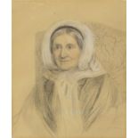 FOLLOWER OF GEORGE RICHMOND, PORTRAIT OF AN ELDERLY LADY, SEATED BUST LENGTH, WATERCOLOUR, 31 X