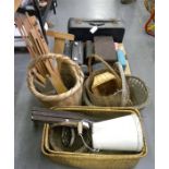 A COLLECTION OF WICKER BASKETS, CONCERTINA CLOTHES PEGS, ENAMEL JUG, OLD RADIOS, EASEL, BOOT PULL,