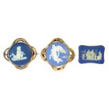 THREE VICTORIAN BROOCHES, EACH SET WITH A WEDGWOOD, ADAMS OR OTHER JASPER CAMEO, THE WEDGWOOD