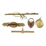 FIVE ARTICLES OF GOLD JEWELLERY, COMPRISING TWO BAR BROOCHES, A ST. CHRISTOPHER PENDANT, T-BAR AND