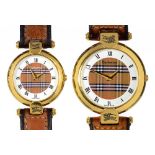 A PAIR OF BURBERRY GOLD PLATED LADY'S AND GENTLEMAN'S FASHION WRISTWATCHES, MAKER'S LEATHER STRAP