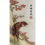 TWO SOUTH EAST ASIAN EMBROIDERED SILK AND PAINTED PICTURES OF A TIGER AND A DEER