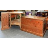 VICTORIAN PINE FURNITURE TO INCLUDE A TRUNK, 87CM W, A BEDSIDE CABINET AND A BEDSIDE TABLE