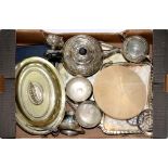 MISCELLANEOUS PLATED WARE, INCLUDING A THREE PIECE TEA SERVICE, BREAD BOARD, ENTREE DISH, ETC