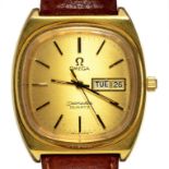 AN OMEGA GOLD PLATED CUSHION SHAPED SEAMASTER QUARTZ WRISTWATCH