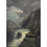 19TH C SCHOOL, A WATERFALL, INDISTINCTLY SIGNED P. VA...TH, OIL ON CANVAS, 98 X 71CM