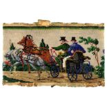 A 19TH C BEADWORK BAND, WITH A CONTINUOUS SCENE OF MEN IN A CARRIAGE AND DANCING PEASANTS, 8CM W