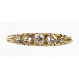 A DIAMOND FIVE STONE RING, WITH OLD CUT DIAMONDS, IN GOLD, MARKS INDISTINCT, 2.7G