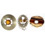 A VICTORIAN CARVED AGATE SET SILVER BROOCH AND TWO SCOTTISH PLAID BROOCHES, CITRINE SET