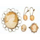 A CAMEO RING, BROOCH AND PAIR OF EARRINGS, ALL MOUNTED IN GOLD, 14.3G