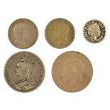 SILVER COINS, COMPRISING CROWN 1889 AND 1935, FLORIN 1907 AND 1929 AND PROOF PIEDFORT ONE POUND