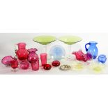 A QUANTITY OF VICTORIAN AND EARLY 20TH C COLOURED GLASSWARE, INCLUDING JUGS, VASES, BEAKERS AND