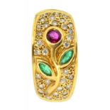 A RUBY AND EMERALD SET FLOWER DESIGN RING, WITH DIAMOND PAVE SET GROUND, IN GOLD, MARKED 18K, 9.5G