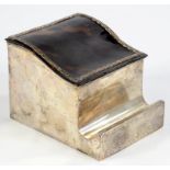 A TORTOISESHELL LIDDED AND MAHOGANY LINED SILVER INKWELL, 11.5CM W, MARKS RUBBED, C1900