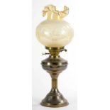 A BRASS OIL LAMP AND GLASS SHADE, 52CM H