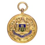 A 9CT GOLD AND ENAMEL FOOTBALL MEDAL, REVERSE ENGRAVED N&DCL DIV 1 H HELLIWELL 1927, BIRMINGHAM