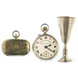 A SILVER KIDDUSH CUP, CHESTER 1915, A CONTEMPORARY SILVER KEYLESS LEVER WATCH AND AN EPNS