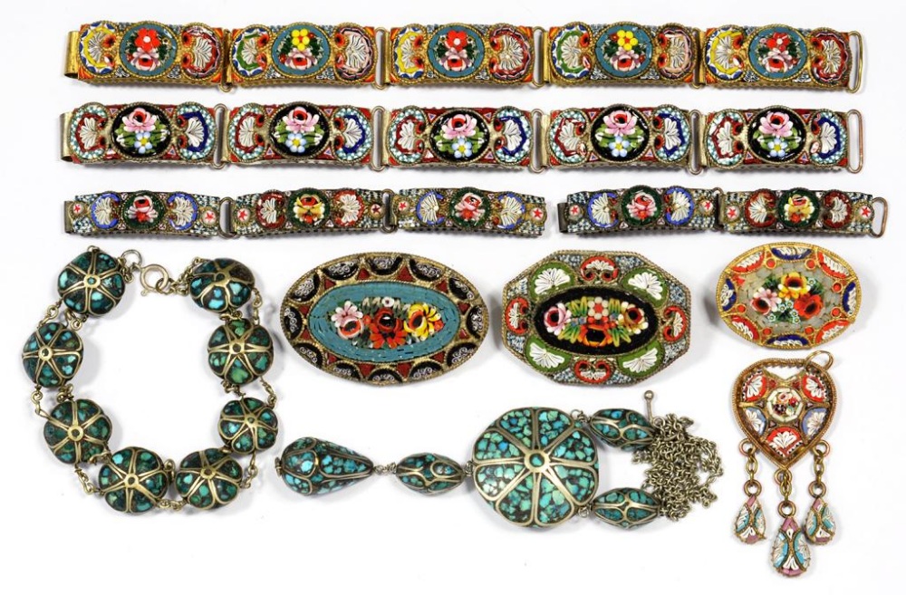 THREE GILTMETAL AND MOSAIC BRACELETS, THREE SIMILAR BROOCHES, A SIMILAR PENDANT AND A TURQUOISE