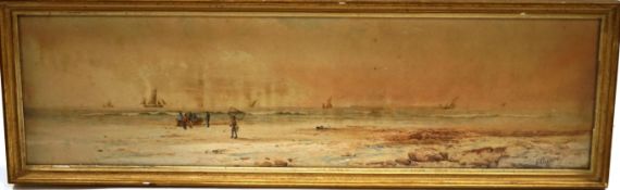 19th Century English School Seascape with boats and fishermen on the shore Watercolour Signed E.