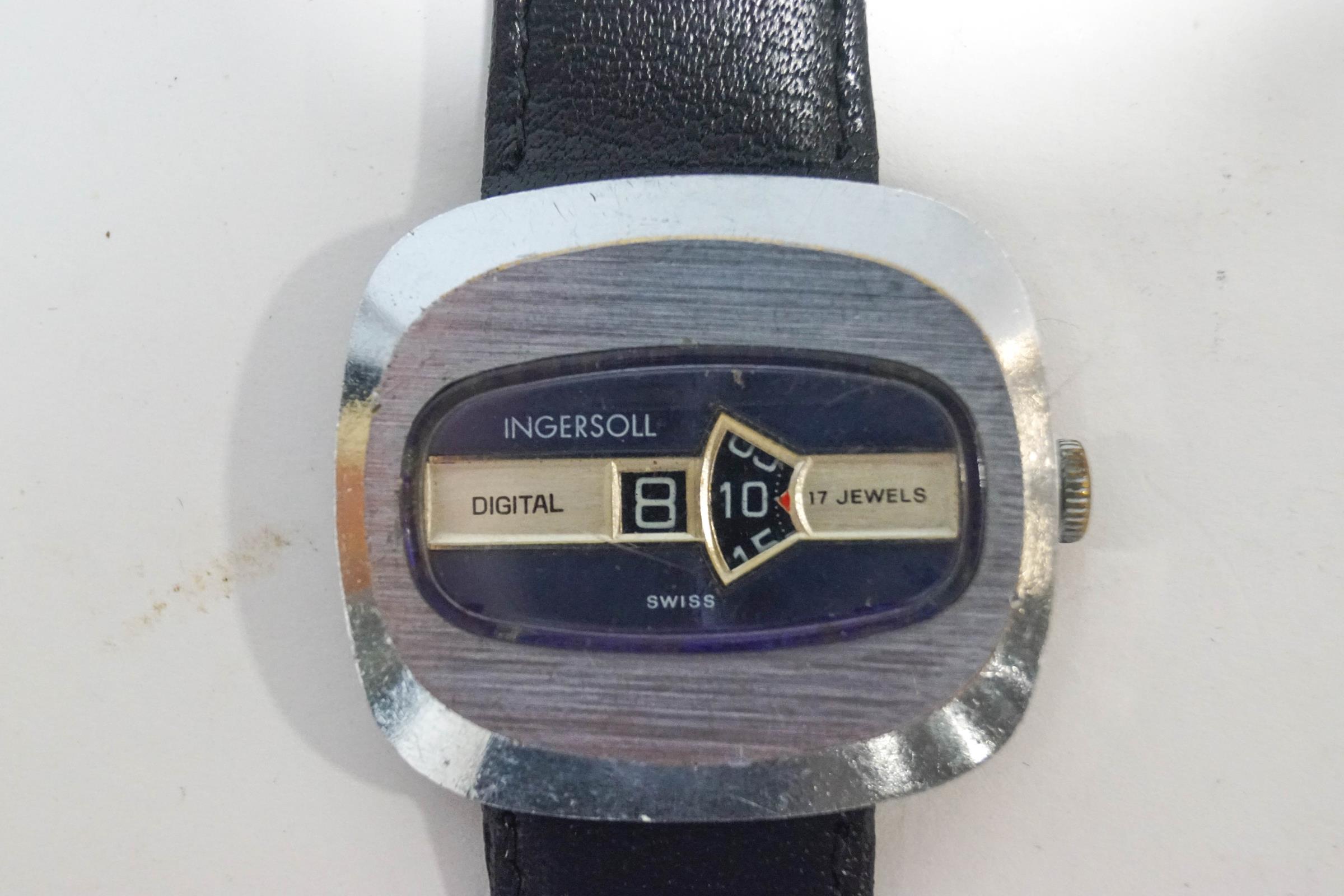 Ingersoll, 1970's jump hour manual wind digital wristwatch,