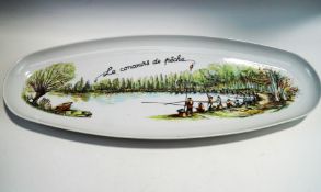 A Chauvigny Paris porcelain fish serving plate, depicting an early fishing match, printed marks,