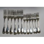 A set of six Victorian silver fiddle pattern dessert forks, by Mary Chawner,