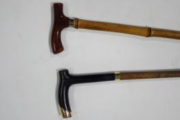 Two walking sticks each with tail shaped handles