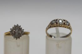 A twenty one stone diamond 18 carat gold ring, 2.1g gross and a 9 carat gold stone set dress ring 2.