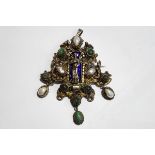 An Austro Hungarian emerald, blister pearl and enamel pendant brooch,