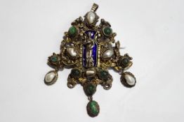 An Austro Hungarian emerald, blister pearl and enamel pendant brooch,