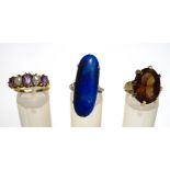 A five stone amethyst and cultured pearl ring, unmarked, finger sze O, 4.