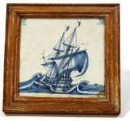 A Dutch Delft tile painted in blue with a sailing galleon, 12cm x 11.