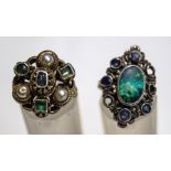 An emerald and simulated pearl ring; another set with an opal and sapphires,