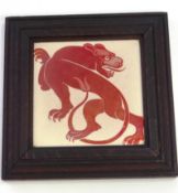 A William de Morgan pottery tile, decorated in ruby lustre with a mythical beast on a cream ground,