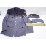 A WWII RAF jacket, two caps and a webb belt.