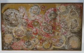 A large contemporary multi-media picture of fossils on board, paper, sand and paint,