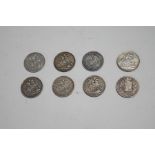 Five Victorian silver crowns, dated 1844, 1889, 1890, 1894, 1898, and three George III crowns,