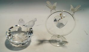 Two Swarovski Crystal items, a bird bath with two frosted birds to the edge,
