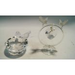 Two Swarovski Crystal items, a bird bath with two frosted birds to the edge,