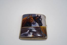 A silver plated enamelled cigarette case, the cover with two horses and a dog, 8.6 cm x 7.