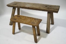 A rustic trestle bench, 64cm high x 152cm wide x 46cm deep, and a similar stool,