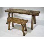 A rustic trestle bench, 64cm high x 152cm wide x 46cm deep, and a similar stool,