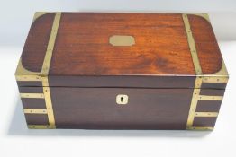 A late 19th century mahogany campaign style brass bound writing box,
